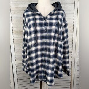 AMERICAN EAGLE OUTFITTERS Plaid Flannel Button Up w Hood Blue/White-XL